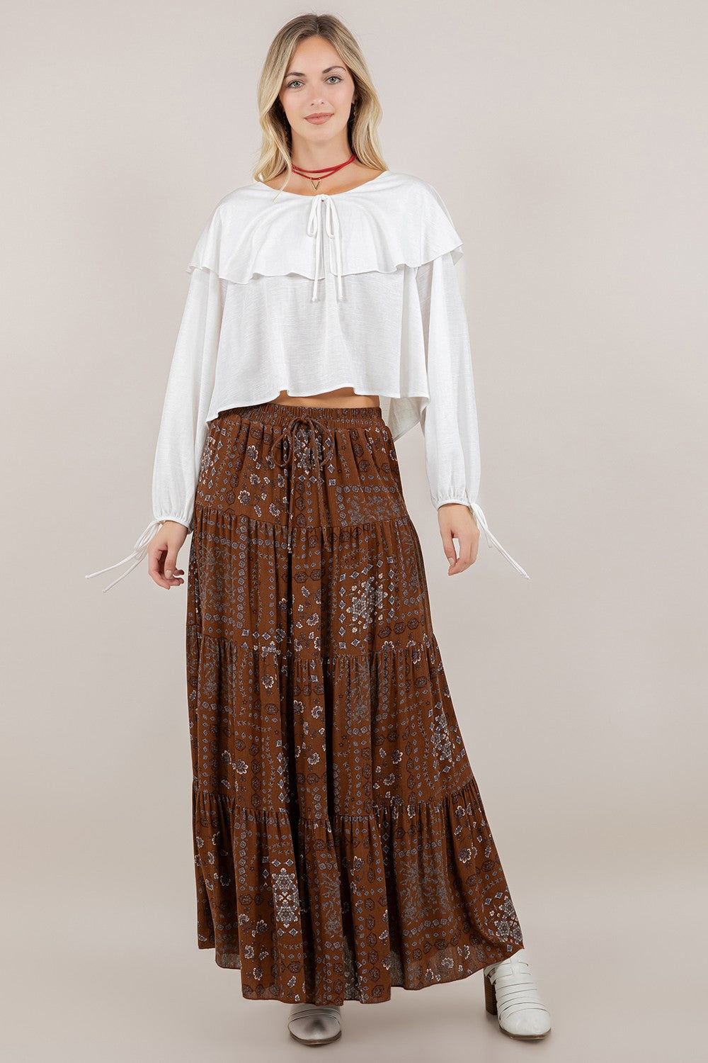 Sepia Petal Tiered Maxi Skirt