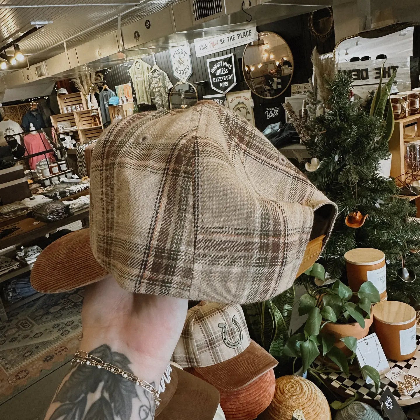 Horseshoe Plaid Corduroy Trucker Hat