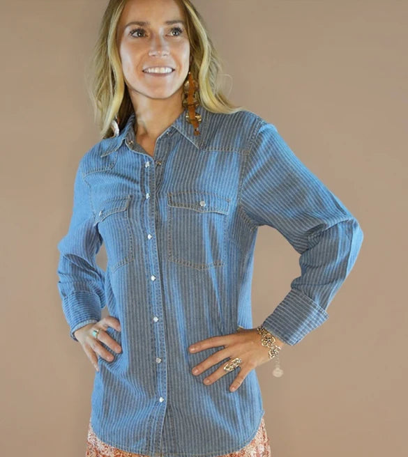 Elsie Pearl Snap Denim Shirt