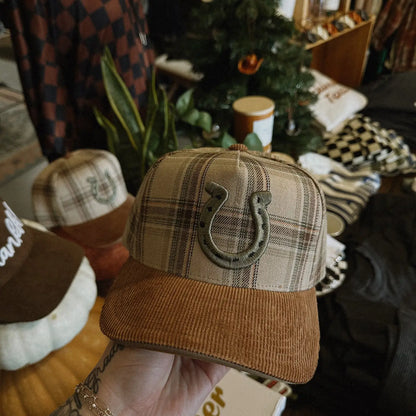 Horseshoe Plaid Corduroy Trucker Hat