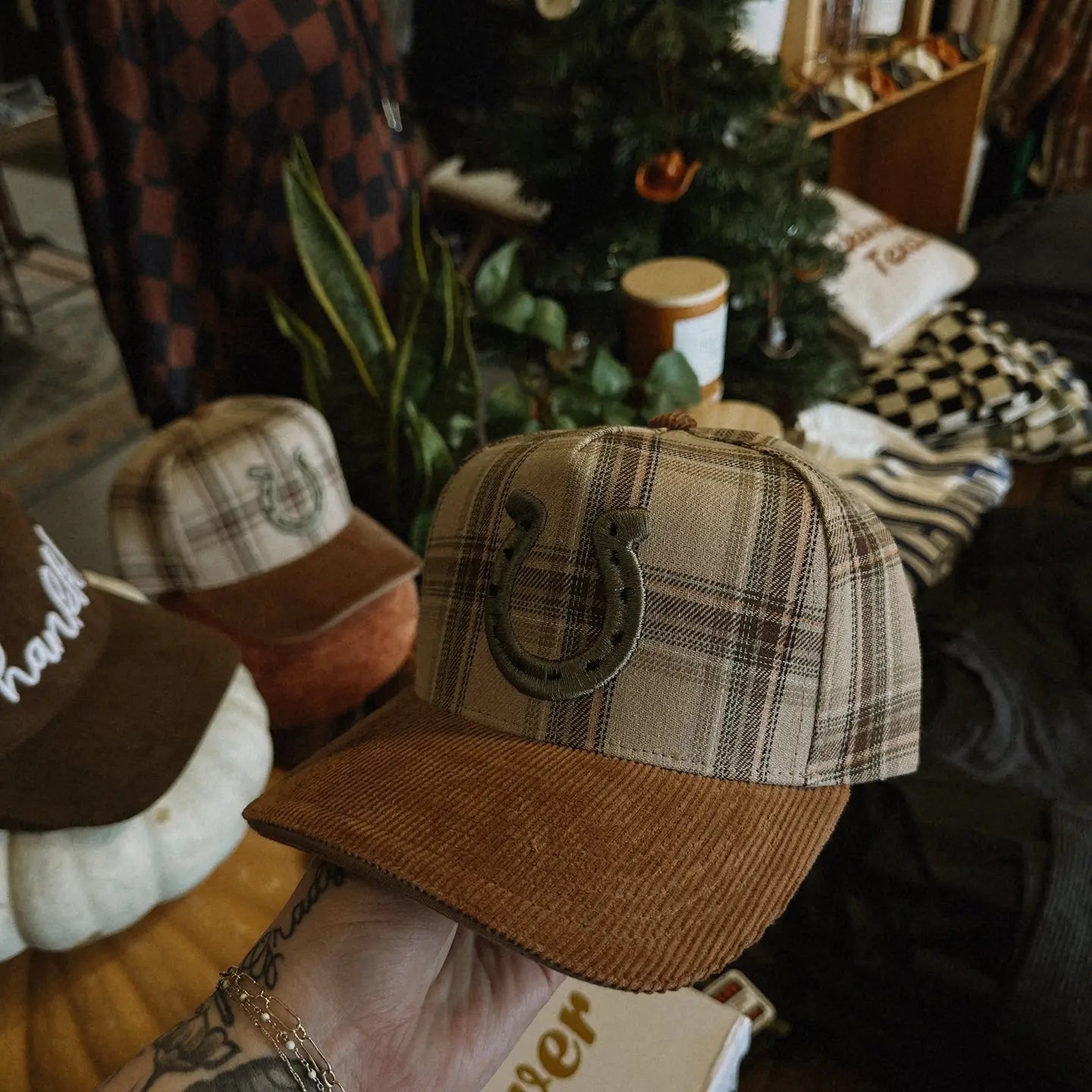 Horseshoe Plaid Corduroy Trucker Hat