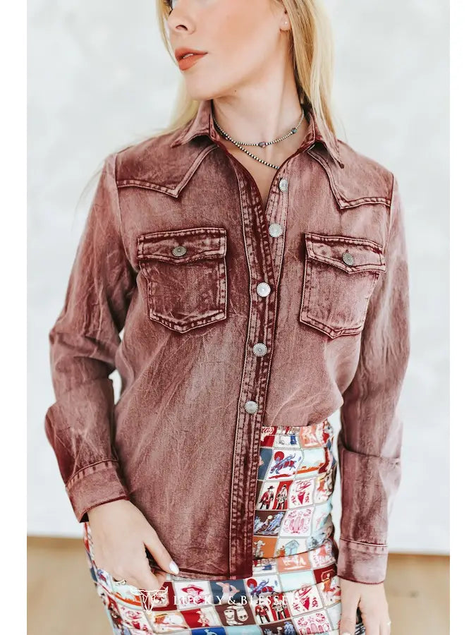 Burgundy Washed Concho Button Down